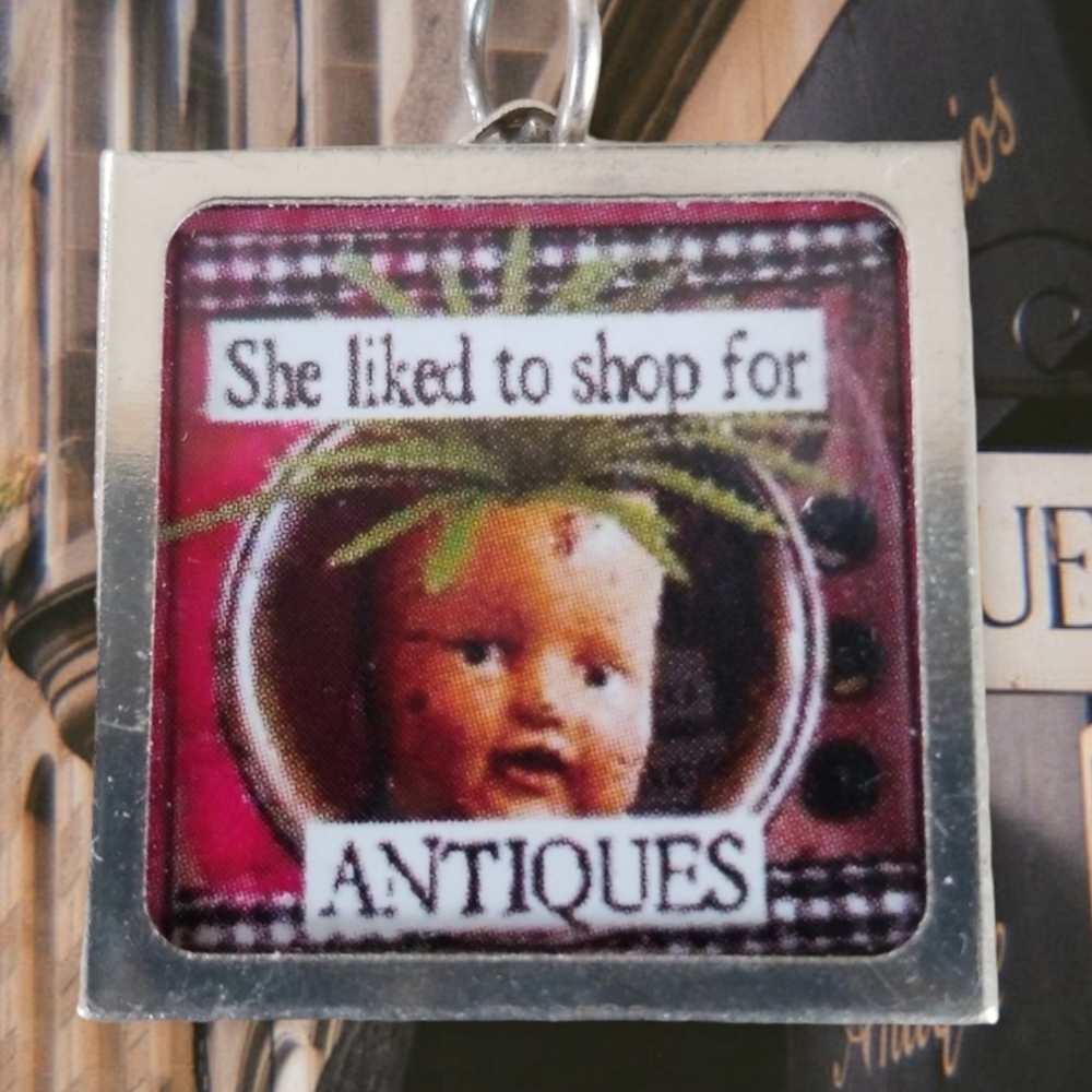 NWT Handcrafted Soldered Glass Charm "She Liked to Shop For Antiques" Silver Ton